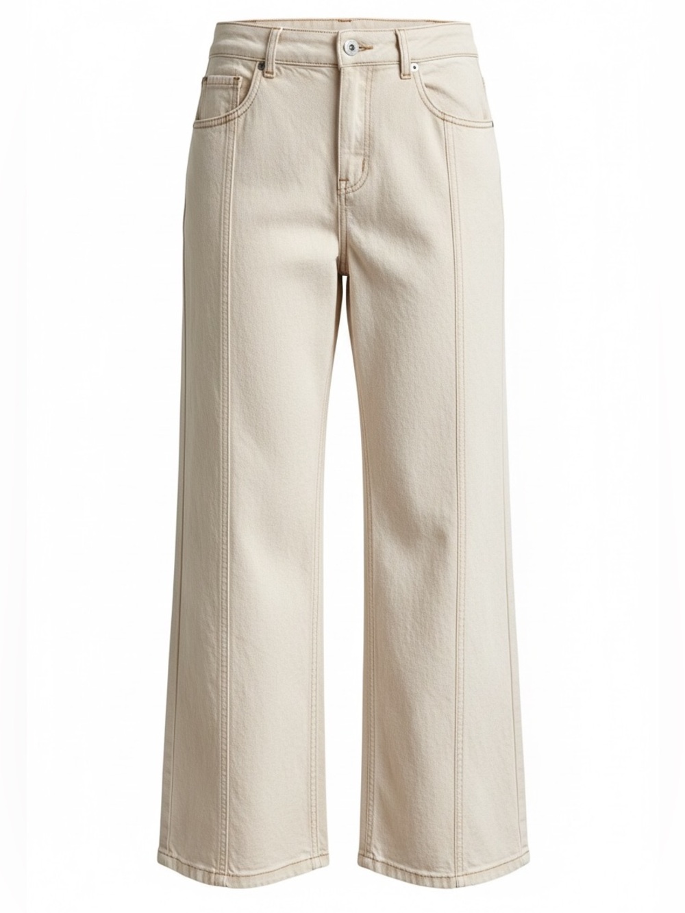 Zara High-Waist Cream 100% Cotton Wide Leg Contrast Stitch Jeans Size 6